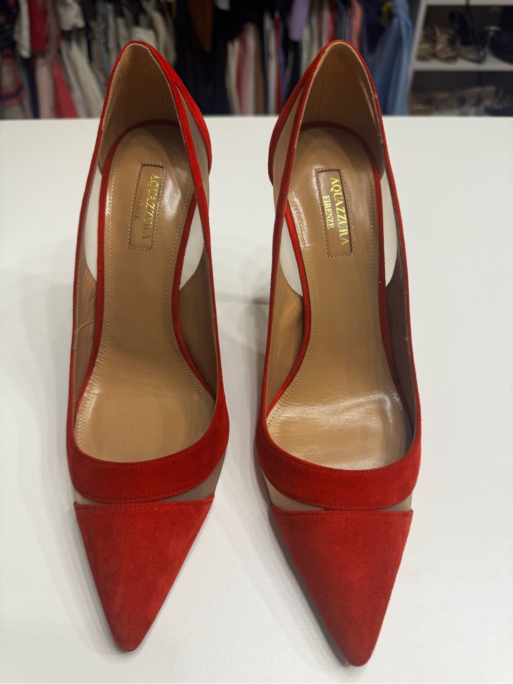 Aquazzura Red Suede Pointed Toe Pumps with Cutout Detail